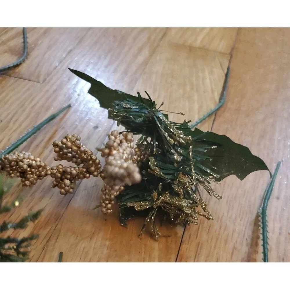 Artificial Pine Stem Fake Pine Cone Glitter Fruit Apple Gold Details Floral Pick